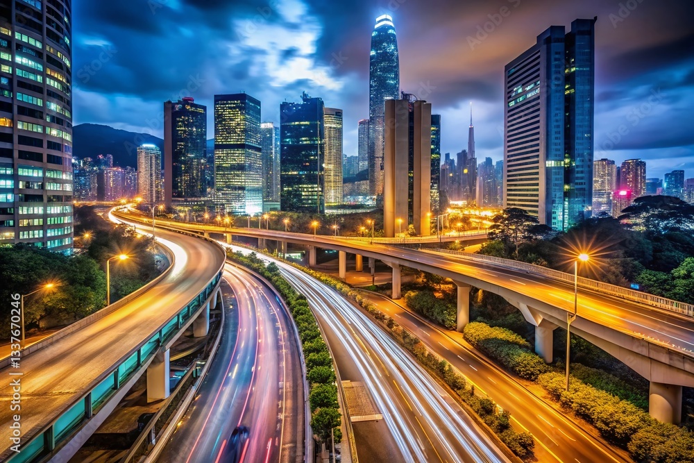 Fototapeta premium Hong Kong Elevated Highway Night Traffic Cityscape Stock Photo
