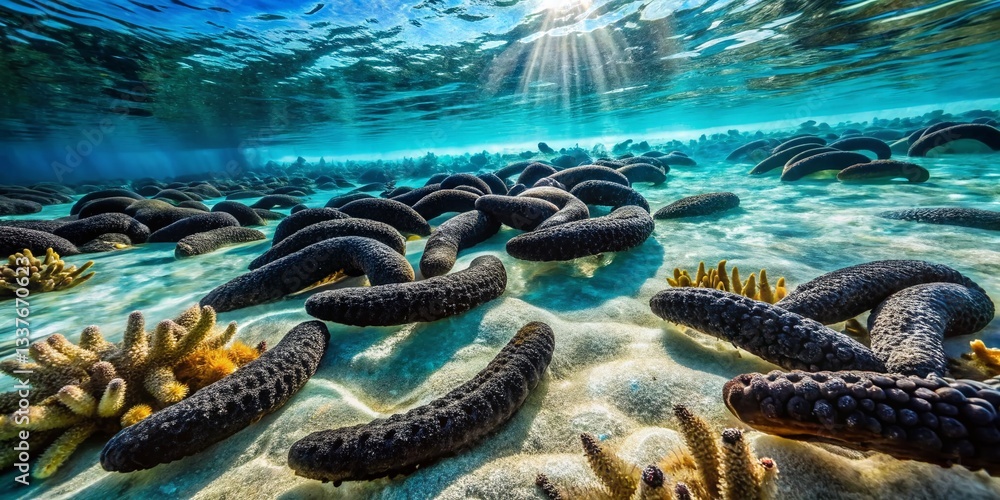 Fototapeta premium Huahine Lagoon Underwater Scene: Abundant Black Sea Cucumbers (Holothuria atra) in French Polynesia