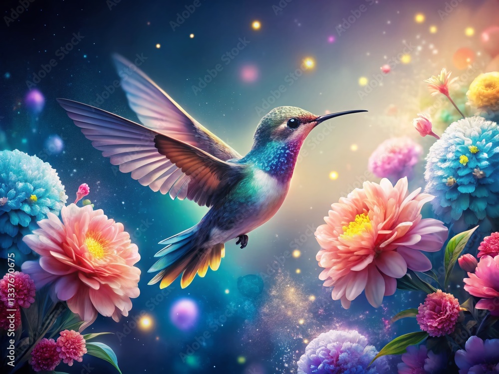 Obraz premium Hummingbird and Flower Bouquet Night Photography - Dreamy Pastel Watercolor Background