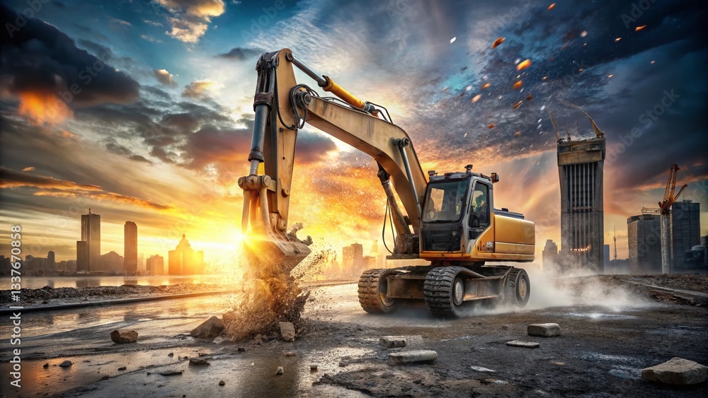 Hydraulic Hammer Demolishing Concrete Runway & City Street Pavement Hydraulic Hammer Demolishing Concrete Runway & City Street Pavement