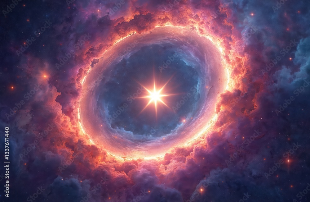 Obraz premium Vibrant galaxy features bright star at cosmic portal center. Deep space nebula background. Mysterious universe, astronomy, dreamy sky. Digital art with energy dust, radiation, science fiction