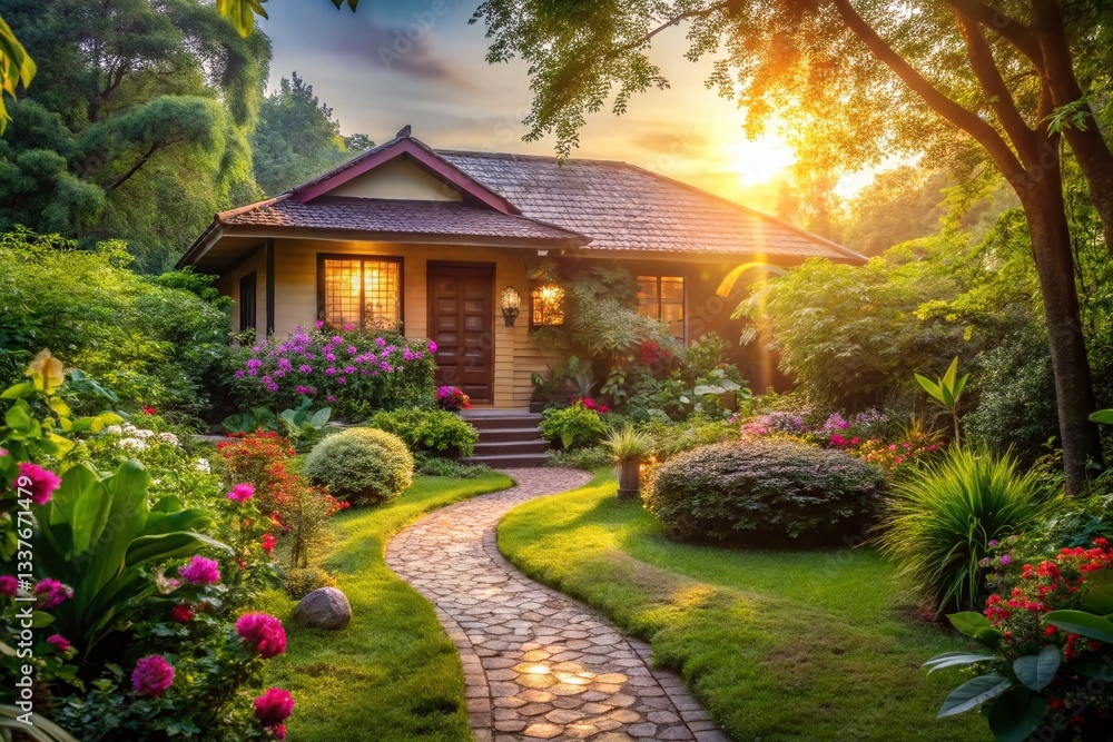 Idyllic Bungalow Garden View with Soft Bokeh, Lush Greenery, Peaceful Retreat Idyllic Bungalow Garden View with Soft Bokeh, Lush Greenery, Peaceful Retreat