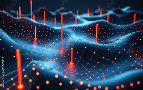 Futuristic Digital Landscape with Glowing Data Points and Laser Beams in Cyberspace