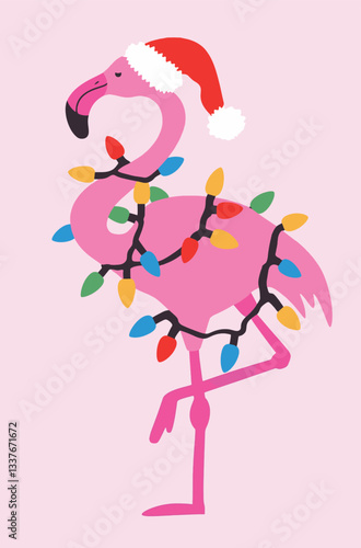 Festive Flamingo With Christmas Lights And Santa Hat