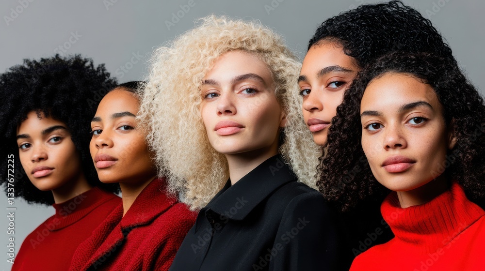 Fototapeta premium Five people standing side by side with neutral expressions and varied hairstyles