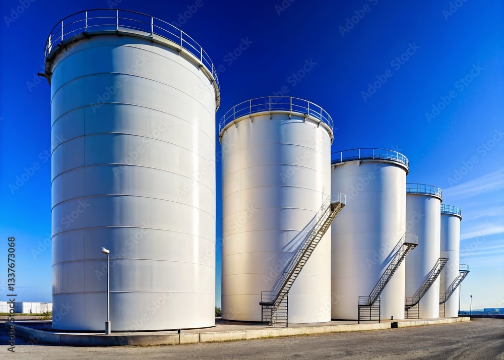 Industrial White Fuel Storage Tanks Under Blue Sky - Petroleum Refinery Industrial White Fuel Storage Tanks Under Blue Sky - Petroleum Refinery