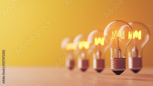 row of glowing light bulbs on wooden surface against yellow background symbolizes creativity and innovation. warm light creates cozy and inspiring atmosphere photo