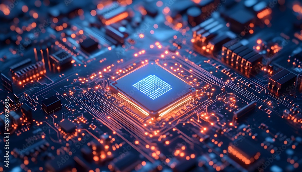 Close-up view of a glowing microchip surrounded by intricate circuitry, symbolizing advanced technology and innovation. Close-up view of a glowing microchip surrounded by intricate circuitry, symbolizing advanced technology and innovation.