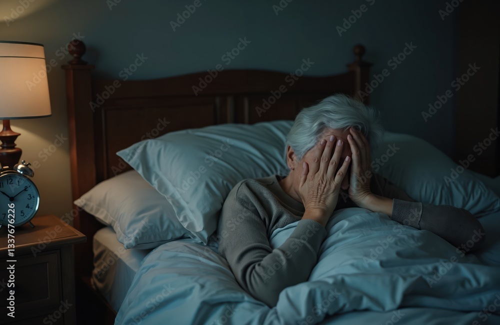 Upset senior woman lying in bed with insomnia, cannot sleep. Sleepless elder covers face with hands suffering from disorder, depression and worrying. Clock shows night time. Anxiety, stress concept. Upset senior woman lying in bed with insomnia, cannot sleep. Sleepless elder covers face with hands suffering from disorder, depression and worrying. Clock shows night time. Anxiety, stress concept.