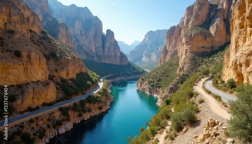 Aerial view of El Chorro gorge with turquoise water in Ardales Malaga Spain. Caminito del Rey walking trail, Kings little pathway passes between rocky mountains with green trees. Adventure travel