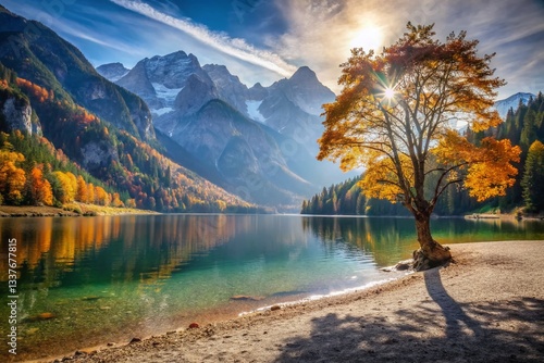 Julian Alps Autumn Panorama: Predil Lake & Sandy Shore photo