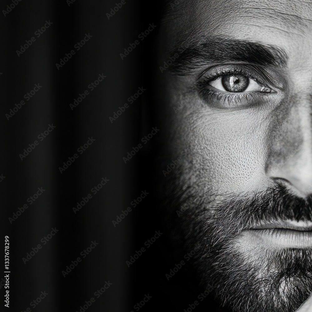 Naklejka premium Close-up black and white portrait of a man's eye with beard and mustache