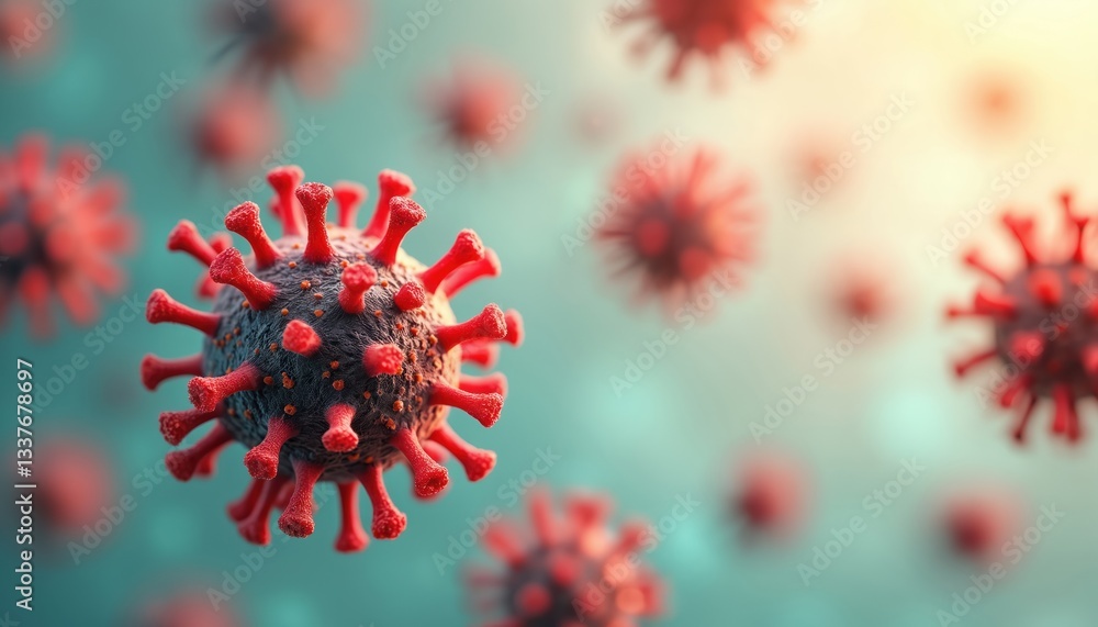 Closeup of simulated red virus particles against blurry pastel background. Microscopic view of infection, microbe, pandemic danger. Medical, scientific illustration. Risk of disease, transmission. Closeup of simulated red virus particles against blurry pastel background. Microscopic view of infection, microbe, pandemic danger. Medical, scientific illustration. Risk of disease, transmission.