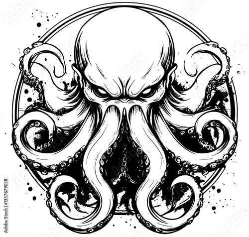 Black and White Circular Grunge Cthulhu Logo with Creepy Tentacles and Horror Aesthetic