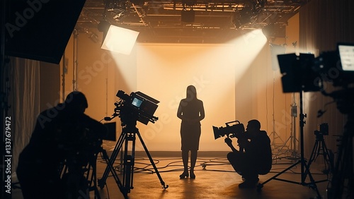 Silhouetted television studio scene showing camera operators and a woman under stage lighting against a bright backdrop.