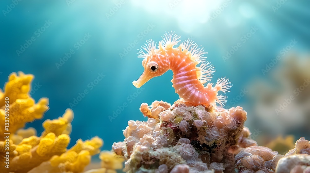 Tiny Pygmy Seahorse Clinging to Piece of Coral Almost Invisible Due to Its Perfect Camouflage in Underwater Photography Style with Copy Space Tiny Pygmy Seahorse Clinging to Piece of Coral Almost Invisible Due to Its Perfect Camouflage in Underwater Photography Style with Copy Space
