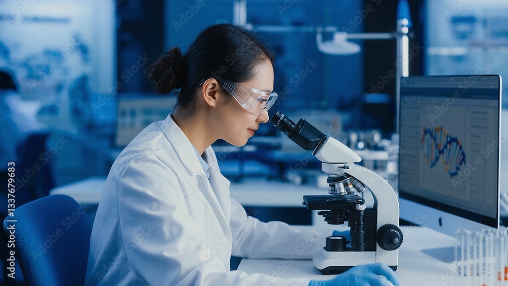 Scientist in lab coat and safety glasses using a microscope during a research experiment. Scientist in lab coat and safety glasses using a microscope during a research experiment.