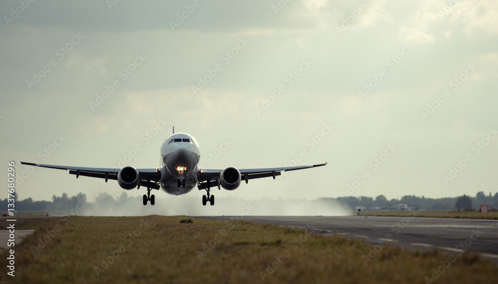 Airplane landing on runway at airport during cloudy weather Airplane landing on runway at airport during cloudy weather