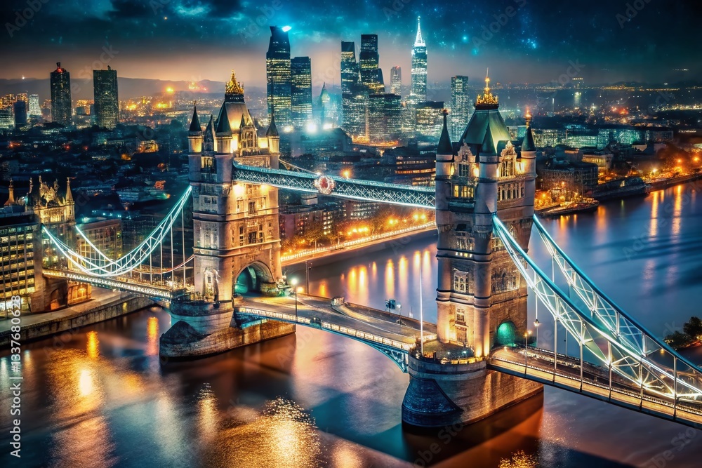 Fototapeta premium London Skyline Night Aerial Panoramic Double Exposure Closeup Tower Bridge