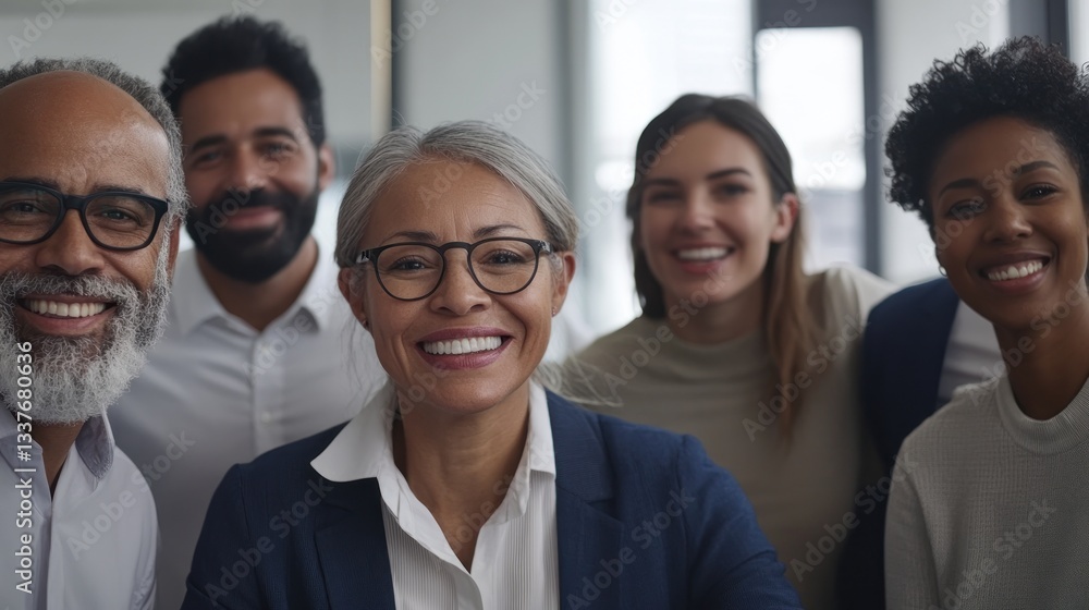 Group of diverse professionals smiling in a modern office, showcasing teamwork and collaboration in a vibrant environment Group of diverse professionals smiling in a modern office, showcasing teamwork and collaboration in a vibrant environment