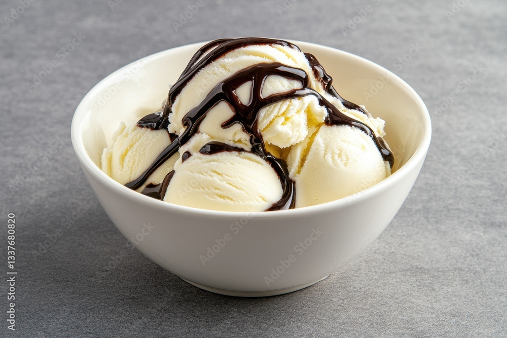 Delicious Vanilla Ice Cream Scoop Topped with Rich Chocolate Sauce in a White Bowl Delicious Vanilla Ice Cream Scoop Topped with Rich Chocolate Sauce in a White Bowl