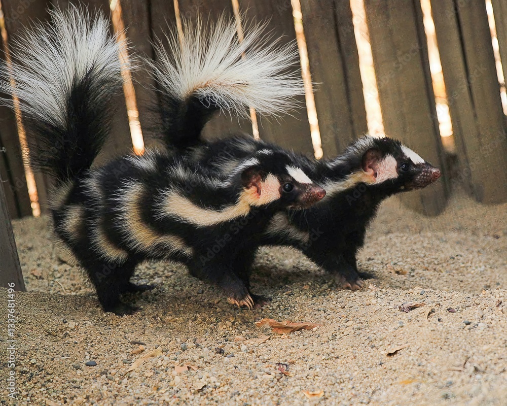 Playful Skunks Habitat: Two skunks with black and white fur stand on gravel, their bushy tails raised, ideal for wildlife and nature imagery. Playful Skunks Habitat: Two skunks with black and white fur stand on gravel, their bushy tails raised, ideal for wildlife and nature imagery.