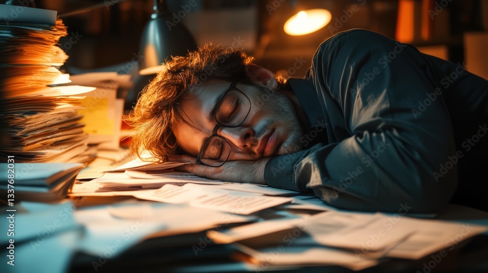 Man resting on desk surrounded by papers in a dimly lit workspace during late hours Man resting on desk surrounded by papers in a dimly lit workspace during late hours