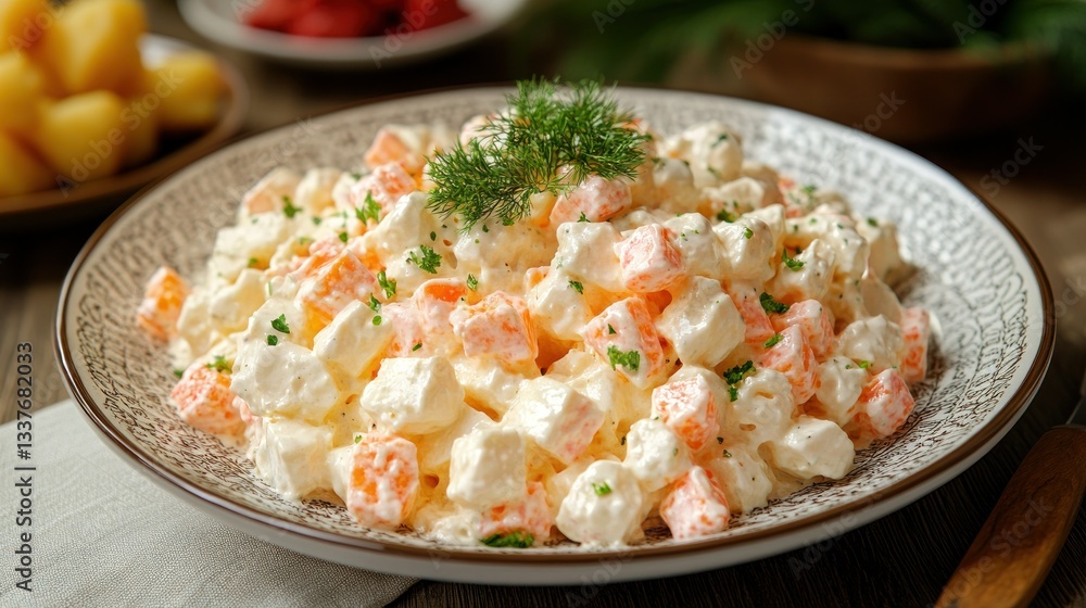 Creamy, colorful salad of cubed vegetables. A vibrant dish with diced carrots and cheese, topped with fresh dill Creamy, colorful salad of cubed vegetables. A vibrant dish with diced carrots and cheese, topped with fresh dill