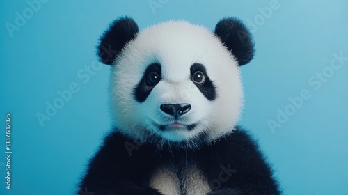 Cute panda cub posing against a blue background