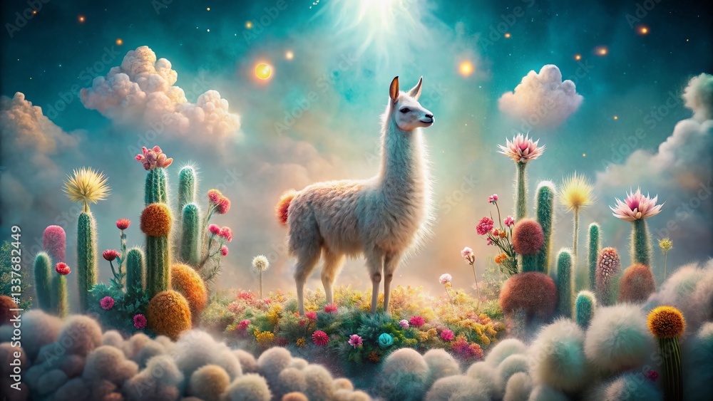 Fototapeta premium Long Exposure Llama Cloud Pattern: Cute Flowers & Cactus
