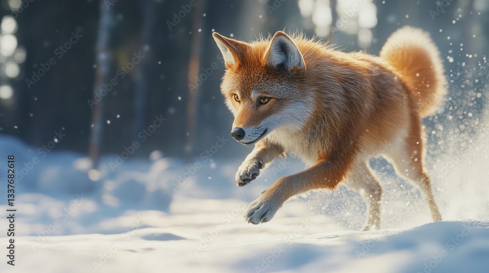 Obraz premium Fox running through a snowy forest, capturing a moment of agility and grace
