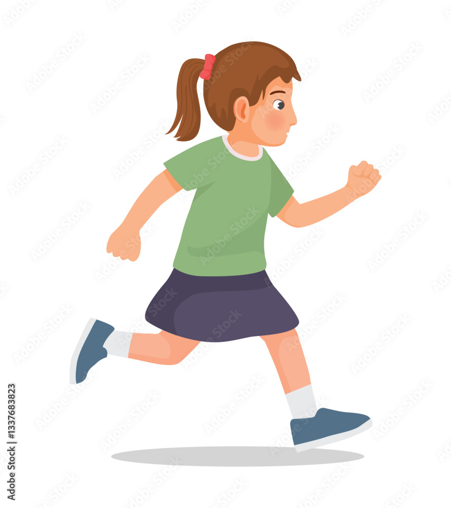 Little girl running jogging on the road side view