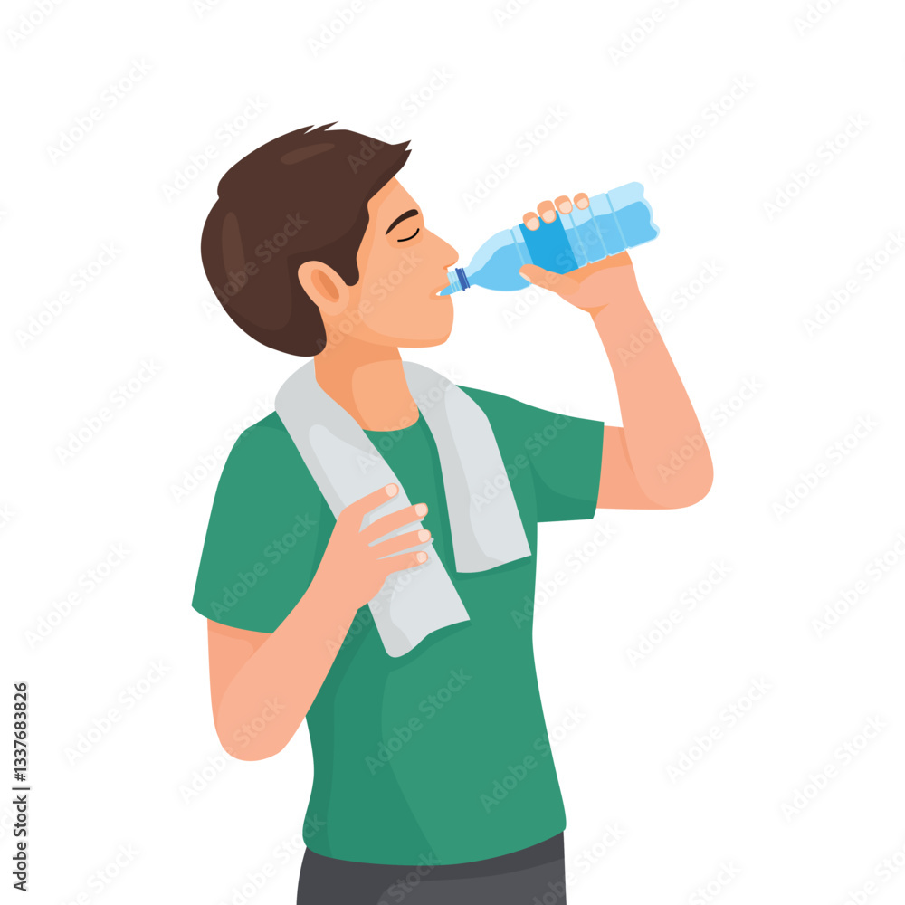 Young man drinking water from bottle after exercising workout Young man drinking water from bottle after exercising workout
