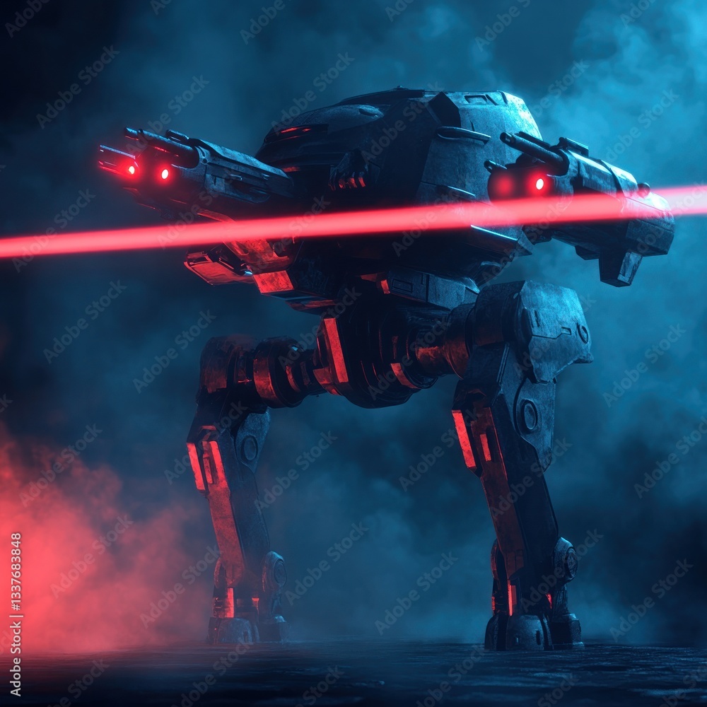 Fototapeta premium Futuristic robot firing lasers in a smoky environment