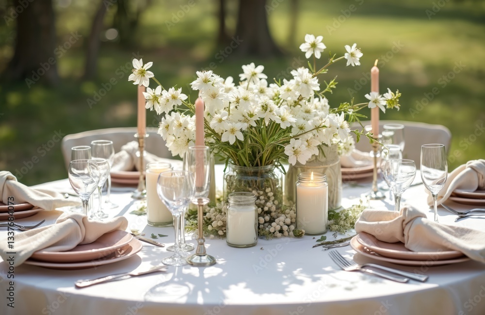 Rustic wedding table decor with natural eco elements. Fresh spring blooming flowers, candles, linen napkins, wine glasses. Cozy decoration for special holiday dinner in countryside at romantic place. Rustic wedding table decor with natural eco elements. Fresh spring blooming flowers, candles, linen napkins, wine glasses. Cozy decoration for special holiday dinner in countryside at romantic place.