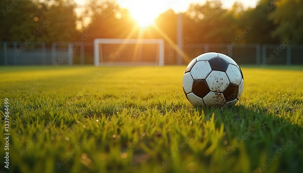 Obraz premium Soccer ball on green grass field in evening sunlight, soccer goal behind. Empty playground, summer sunset. Football match concept, outdoors game and sports activity, play in team.