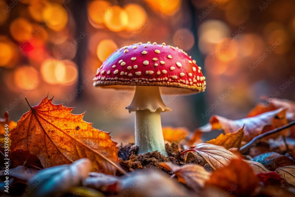 Low Light Forest Fungi: Red & White Mushroom on Autumn Leaves Stock Photo Low Light Forest Fungi: Red & White Mushroom on Autumn Leaves Stock Photo