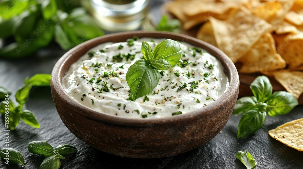 Creamy white dip in a bowl, garnished with fresh basil and herbs, served with tortilla chips Creamy white dip in a bowl, garnished with fresh basil and herbs, served with tortilla chips