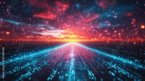 Futuristic highway disappearing into a vibrant, starry sunset.