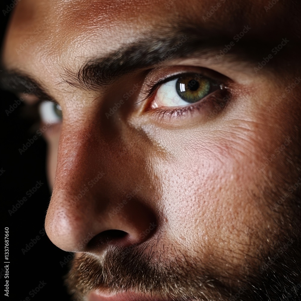 Close-up profile view of a man's eye with green and gold hues, beard, and subtle lighting Close-up profile view of a man's eye with green and gold hues, beard, and subtle lighting