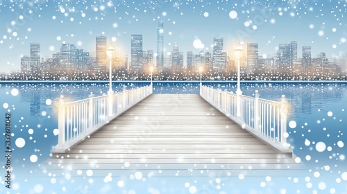 Snowy winter cityscape boardwalk.  A tranquil, snowy scene of a city skyline reflected on calm water, with a white wooden boardwalk extending into the distance.  Warm light emanates from city lamps