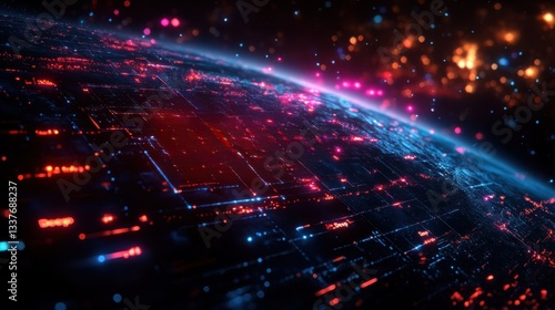 A close up of a city at night with a glowing orange and black background