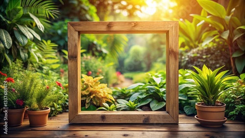 Lush Garden Scene: Wooden Frame Amidst Potted Plants & Greenery