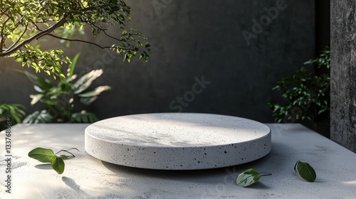 Circular stone podium with plants, sunlight, and shadows.