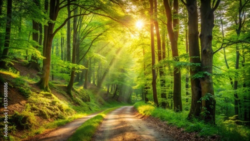 Lush Green Forest Trail: Sunlight Dappled Path with Ample Copy Space for Text - Perfect for Nature, Travel, and Adventure Stock Photos