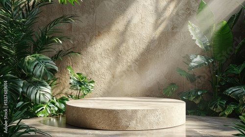 Beige stone podium with tropical plants and sunlight.