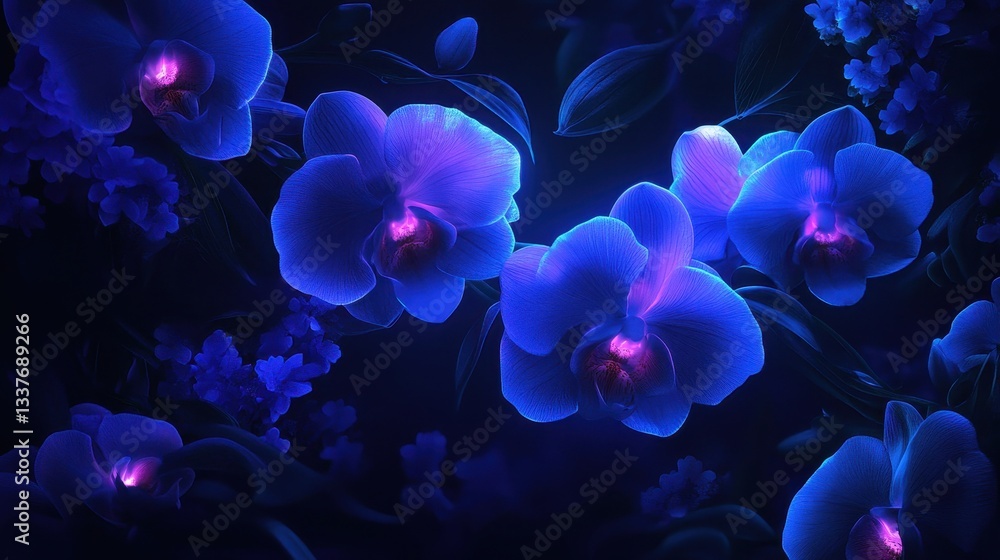 Glowing Blue Orchids In Dark Night Setting Glowing Blue Orchids In Dark Night Setting
