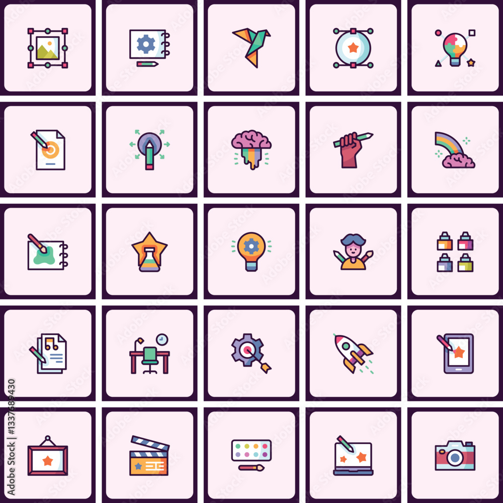 Comprehensive artistic skill icon collection representing creative professions Comprehensive artistic skill icon collection representing creative professions