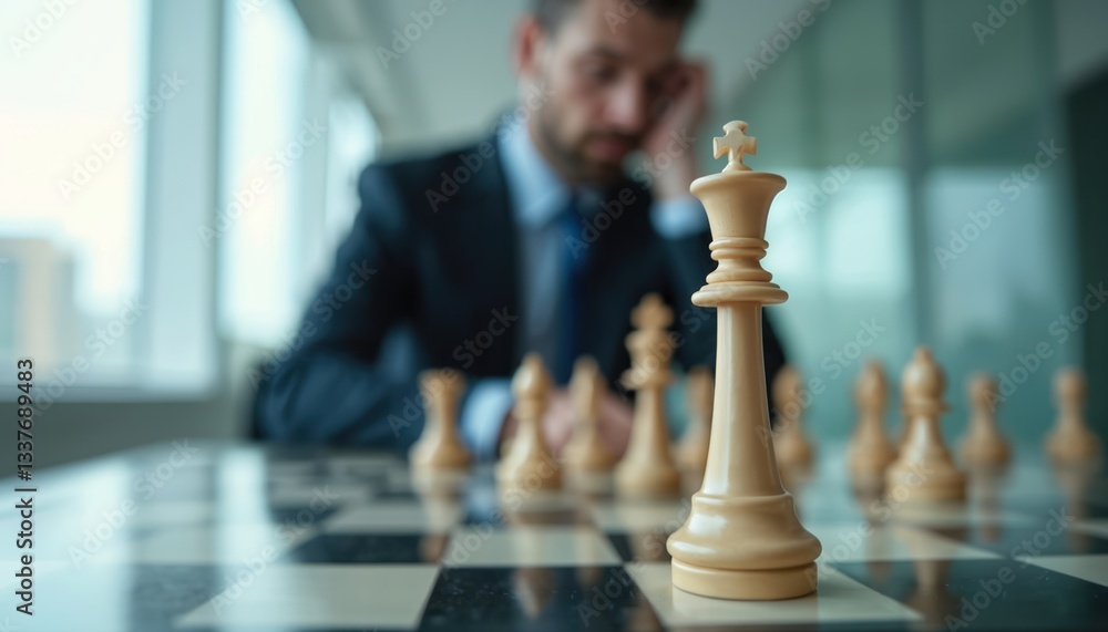 Close-up of chess king on chessboard. Businessman thinks about strategy, corporate restructuring, strategic reorganization. Leadership concept, success in business. Chess game as metaphor of strategy. Close-up of chess king on chessboard. Businessman thinks about strategy, corporate restructuring, strategic reorganization. Leadership concept, success in business. Chess game as metaphor of strategy.