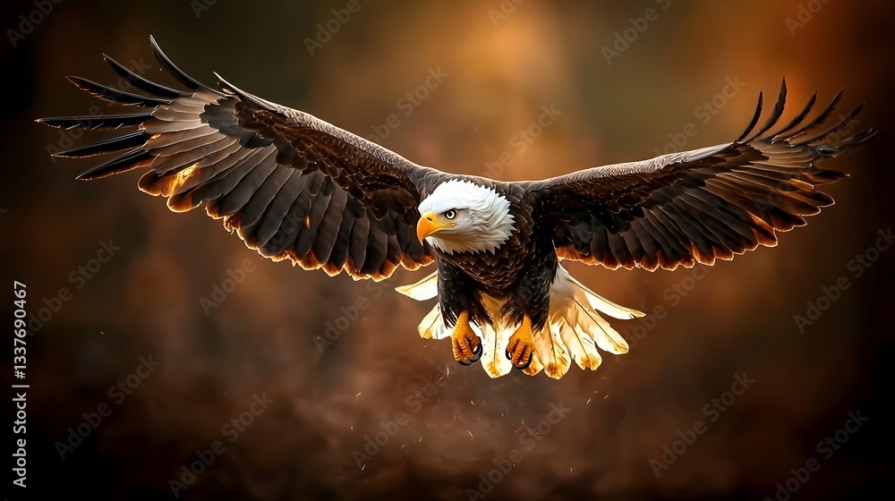 Obraz premium Majestic Bald Eagle Soaring Gracefully Over a Vast Pine Forest Its Sharp Eyes Scanning the Scenic Landscape Below for Potential Prey